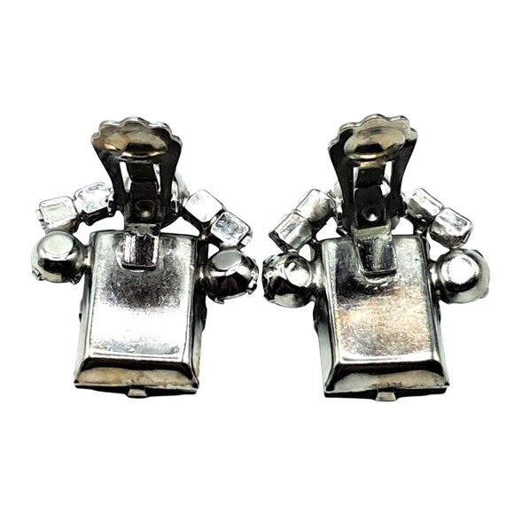 Vintage Blue Rhinestone Earrings Two Tone Blue Checkerboard Clip On Costume Jewe - Picture 8 of 10